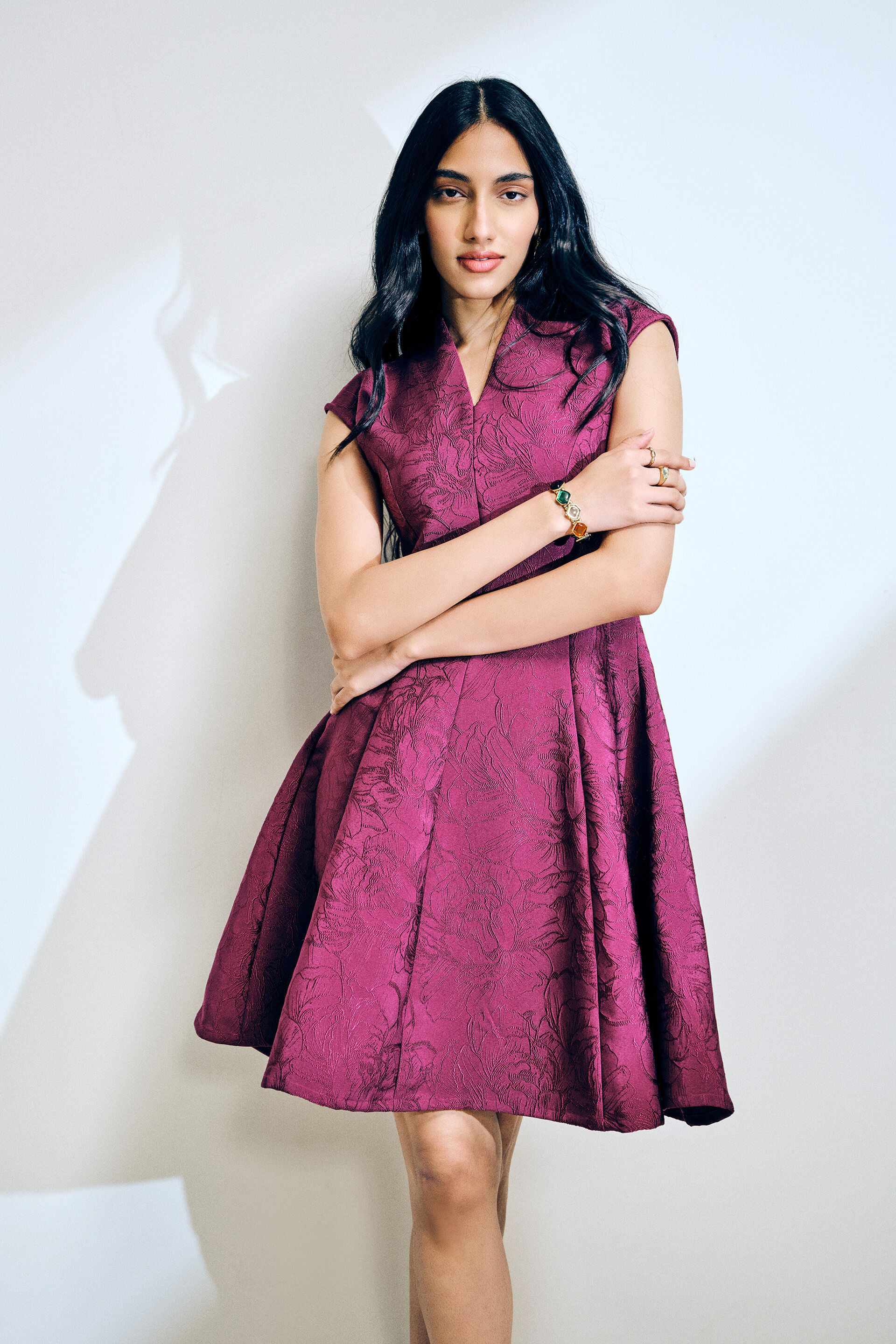 Aubergine Panelled Short Dress, Purple, image 1